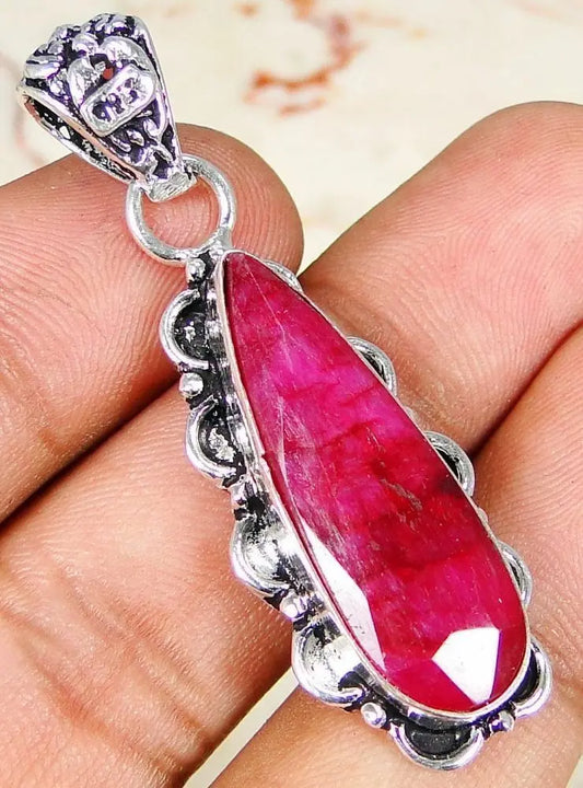 Ruby & 925Silver HandmadeFashionablePendant 47mm G83-34674 &925 Silver chain&box "Handmade"