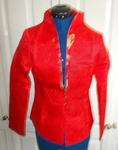SIZE 10.FAB CHINESE SILK FITTED JACKET-RED & gold SILK, LINED,MANDARIN COLLAR Unbranded