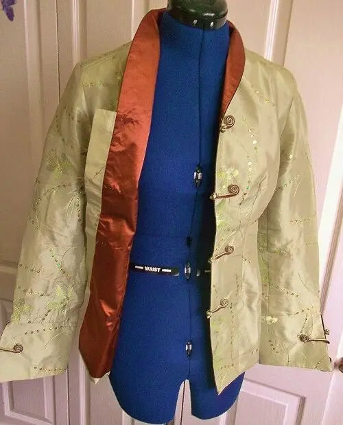 SIZE 10.FAB CHINESE SILK FITTED JACKET-green&brown embroidered MANDARIN COLLAR Unbranded