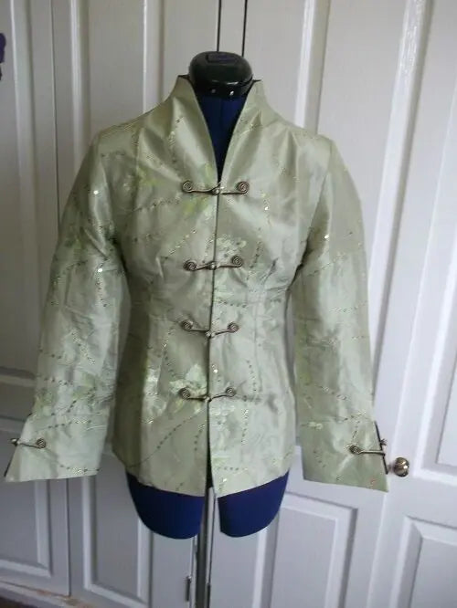 SIZE 10.FAB CHINESE SILK FITTED JACKET-green&brown embroidered MANDARIN COLLAR Unbranded