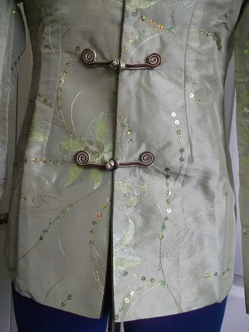 SIZE 10.FAB CHINESE SILK FITTED JACKET-green&brown embroidered MANDARIN COLLAR Unbranded