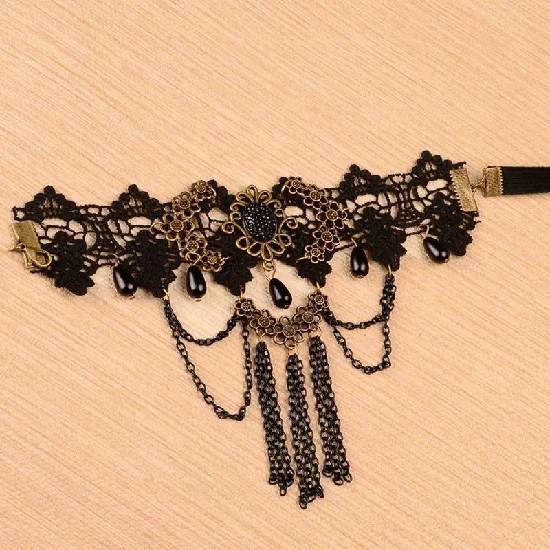 STEAMPUNK/Gothic Black Gem Bead Lace Bracelet Beads Pendant Chain Best Jewelry Unbranded