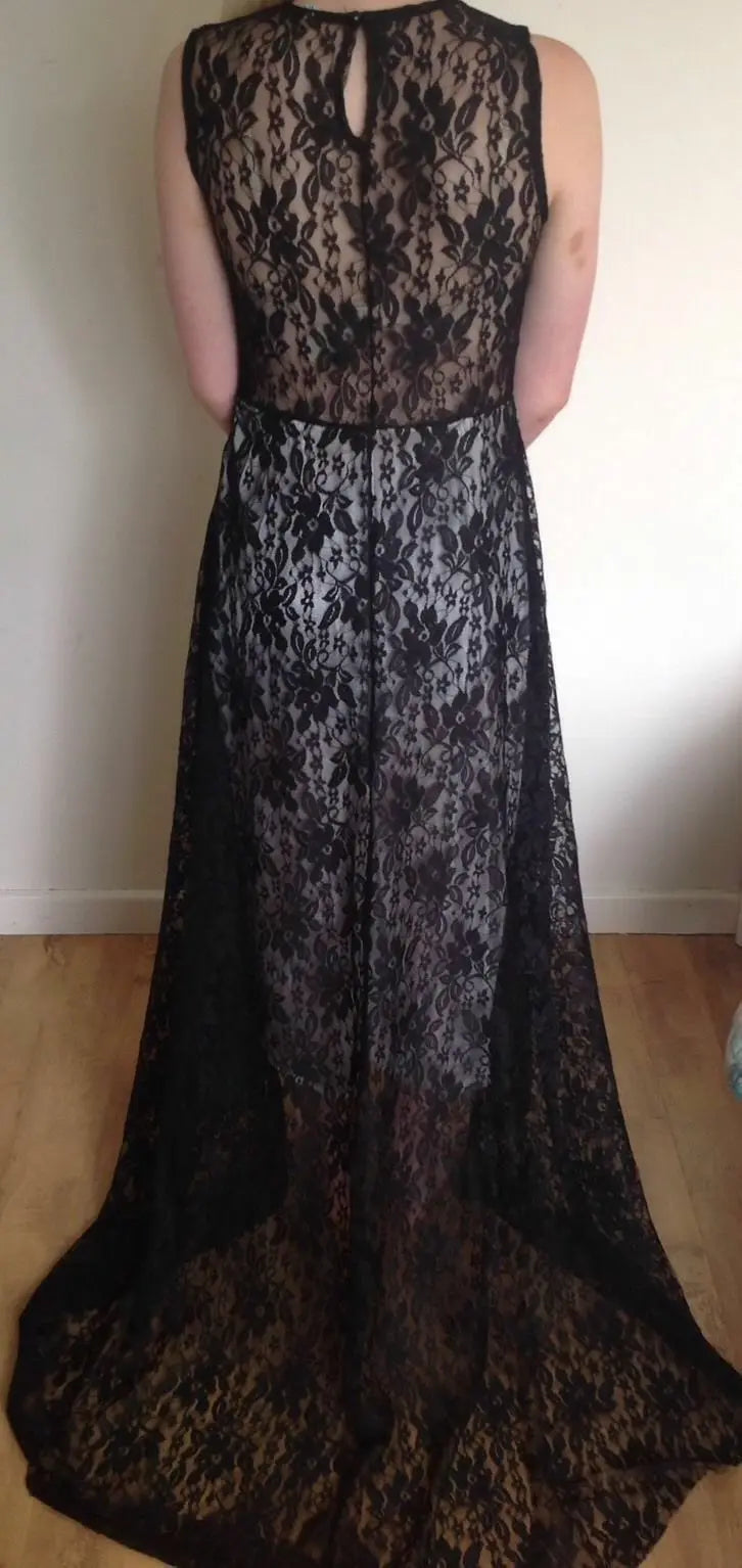 STUNNING GOTHIC STEAMPUNK  BLACK FLORAL LACE DRESS WITH LONG SWEEP TRAIN LACE Unbranded