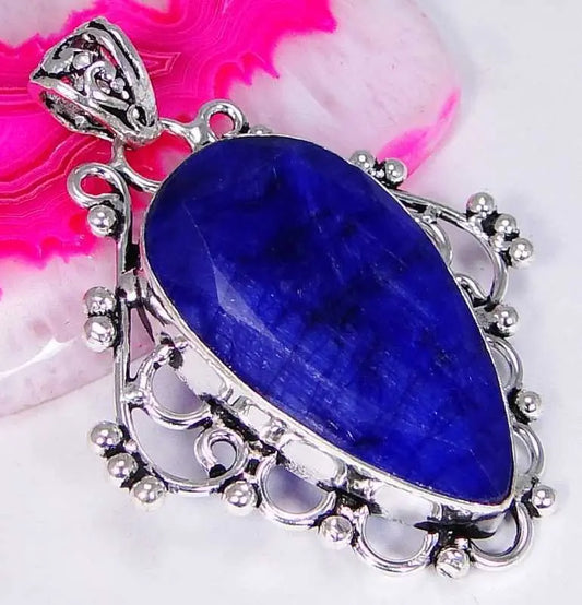 Sapphire & 925 Silver Handmade Beautiful Pendant 47mm & gift-box& 1mm SilverChai "Handmade"