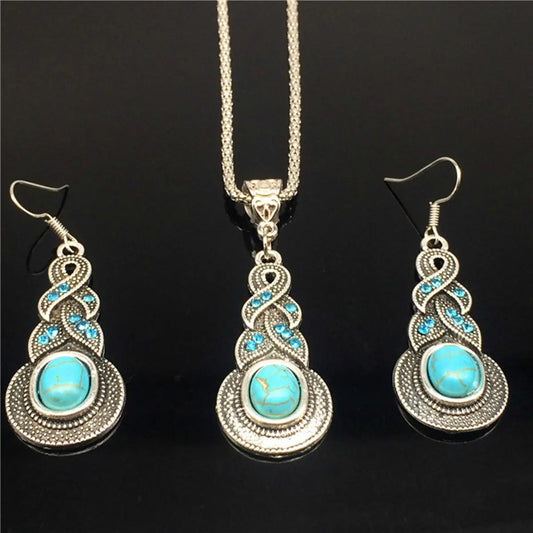 Silver Plated Tribal Necklace & Earrings Jewellery Set - Aztec Turquoise Blue Unbranded/Generic