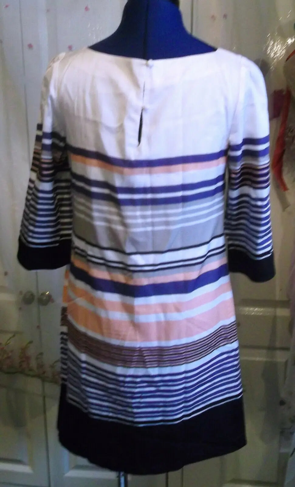 Size 8 Monsoon Dress Striped,lined,3/4 Length Sleeves, lined,button mandarin col Monsoon