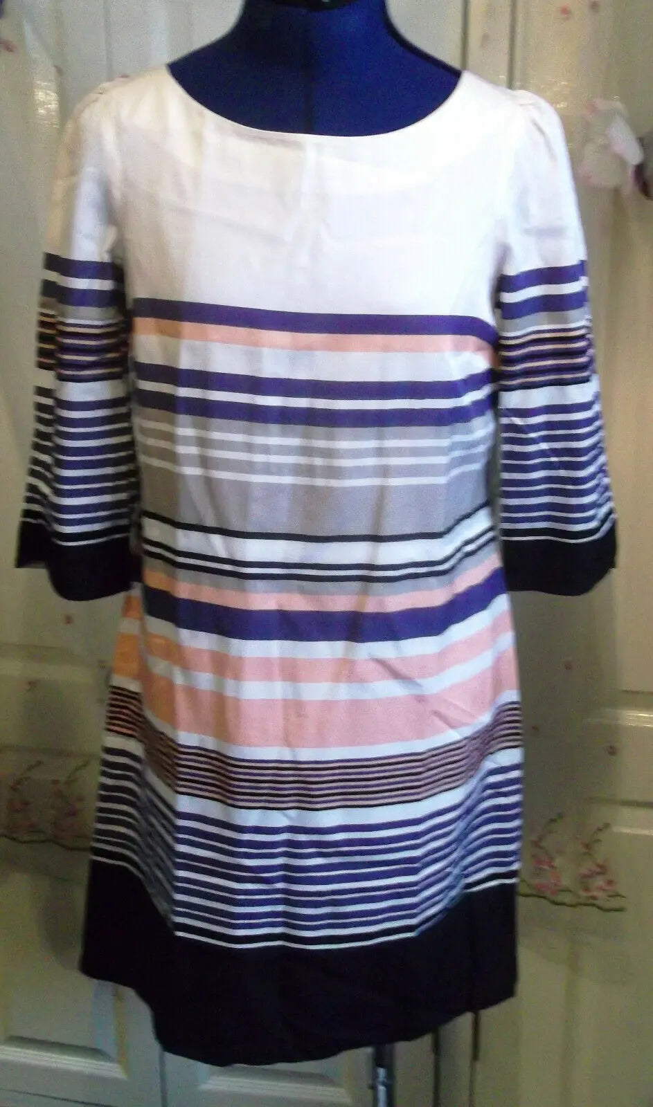 Size 8 Monsoon Dress Striped,lined,3/4 Length Sleeves, lined,button mandarin col Monsoon