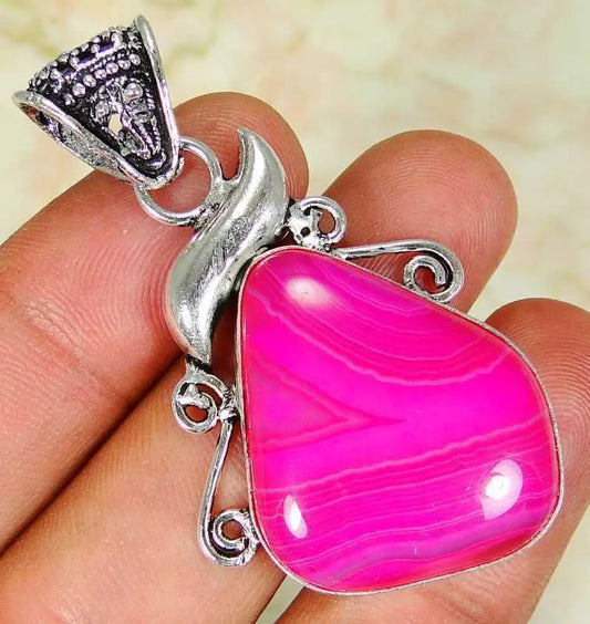 StrippedOnyx & 925 Silver HandmadeElegantPendant 50mm B13-5635 & 925%SilverChain "Handmade"