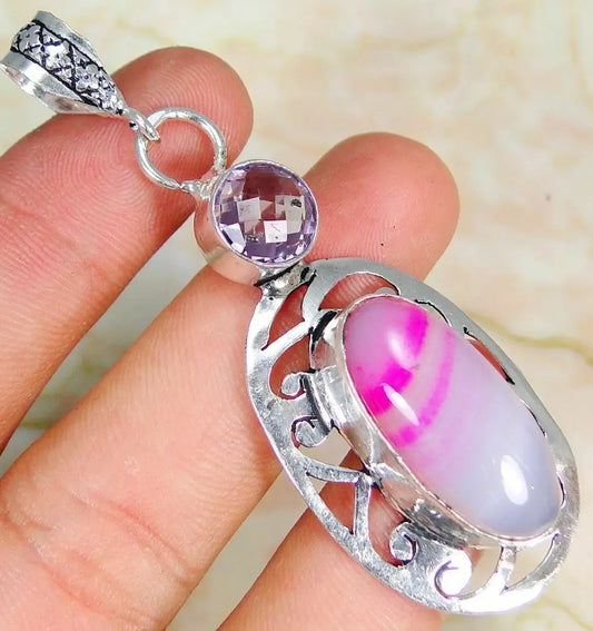 StrippedOnyx & 925 Silver HandmadeLovelyPendant 68mm &925 SilverChain/giftbox "Handmade"