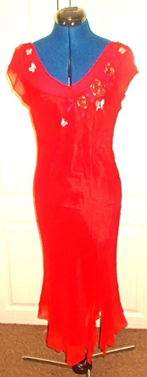 Stunning new red dress MNG label. Hand-embroidered panels, lined, floaty skirt, MNG