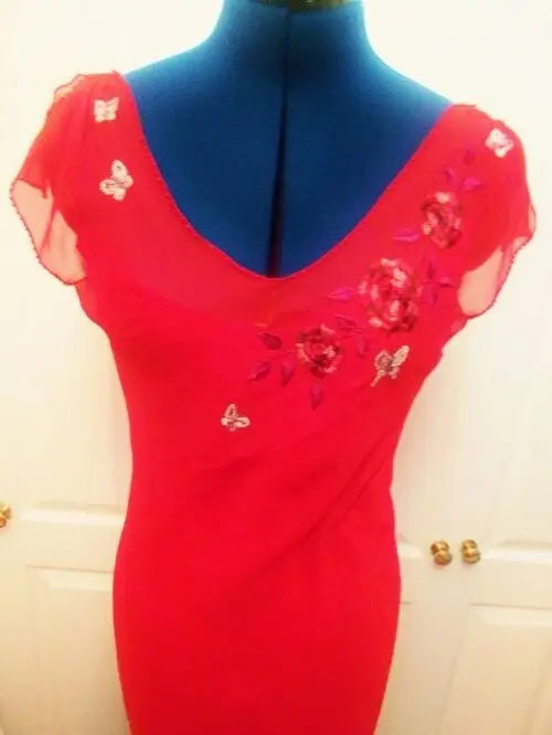 Stunning new red dress MNG label. Hand-embroidered panels, lined, floaty skirt, MNG