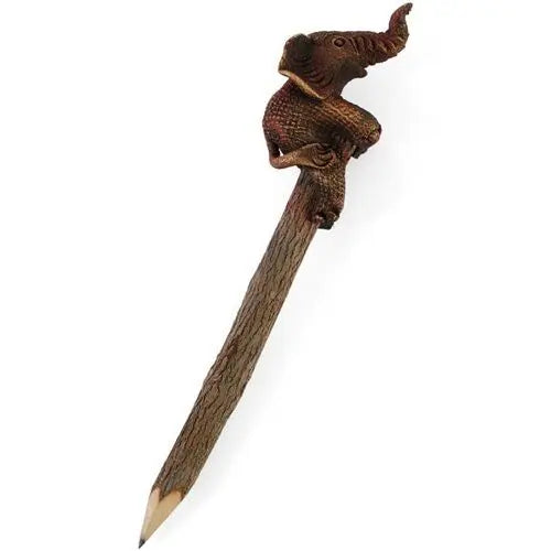 Thai HAND-CARVED Funky Elephant on thick wooden pencil.18cm long.Fab gift item SPIRIT EQUINOX