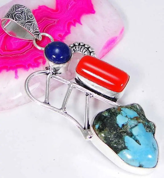 Turquoise & 925 Silver Handmade Designer Pendant 62mm & gift-box&SilverChain "Handmade"