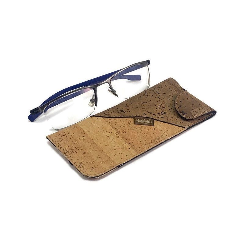 Vegan Leather Cork Glasses Case Handmade Soft Shell Reading Glass Pouch, Slim Vegan Glass Case Pouch Moddanio