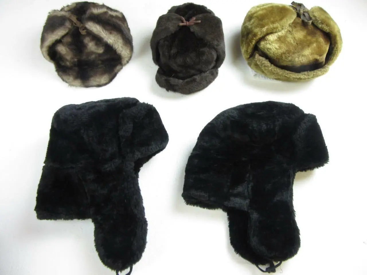 Unisex true Vintage mottled brown Ushanka/Cossack/Trapper hats- faux fur. 58" Unbranded