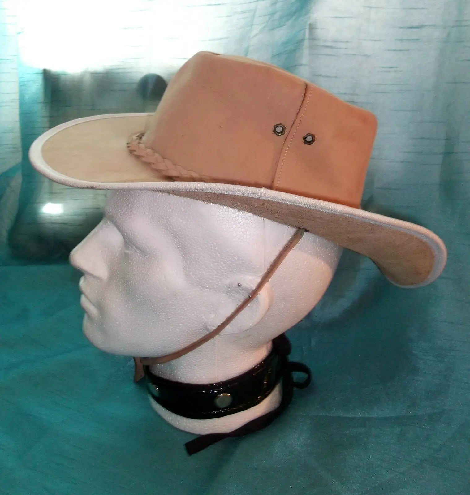 VINTAGE UNISEX Grade A beige  long brim bush/safari hat.19"-plaited leather brai Unbranded