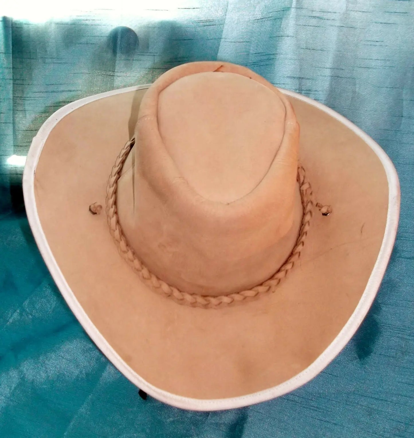 VINTAGE UNISEX Grade A beige  long brim bush/safari hat.19"-plaited leather brai Unbranded
