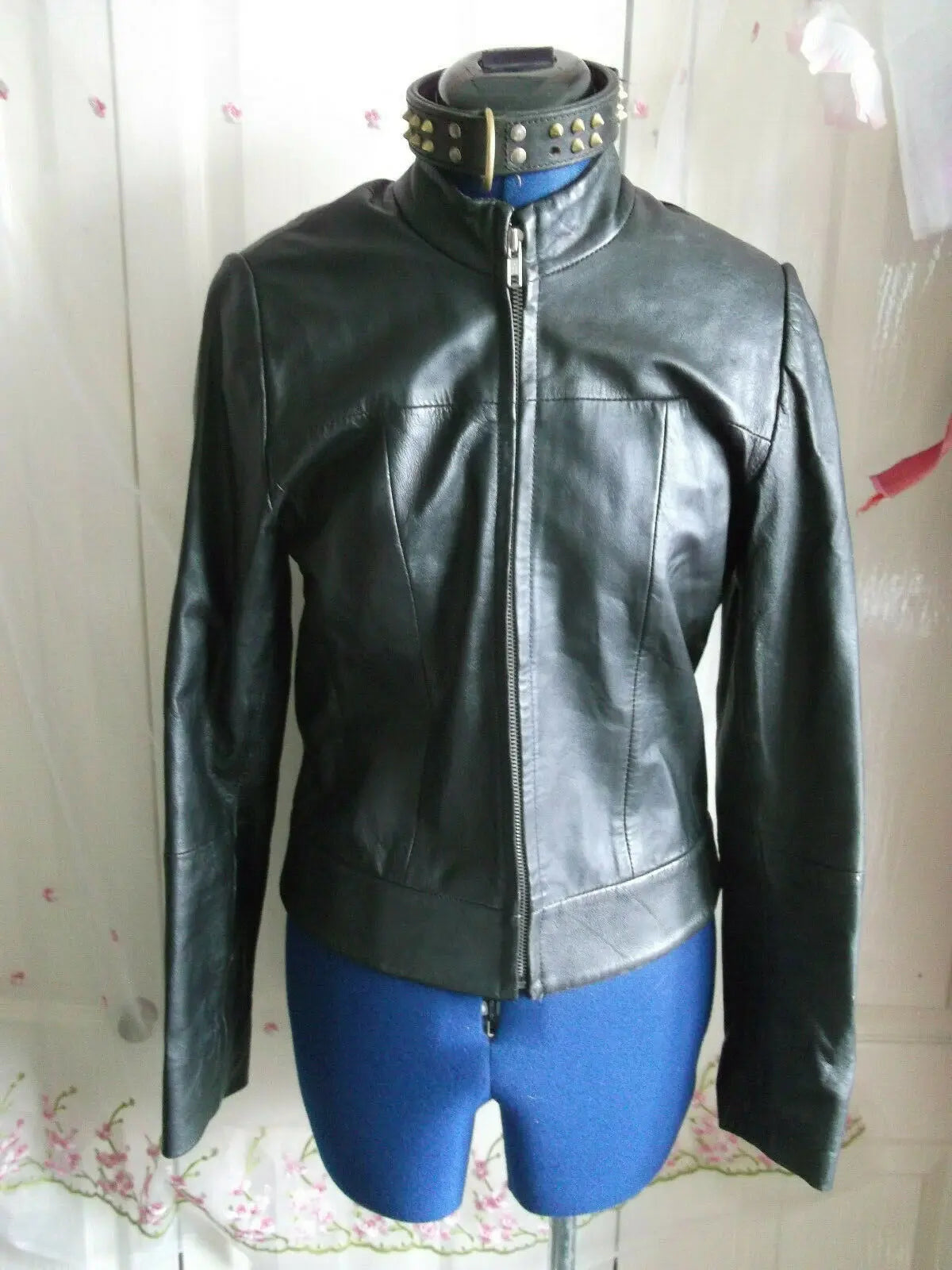 Vintage  BLACK leather biker/STEAMpunk/hip jacket.size10 ZIP FRONT New Look