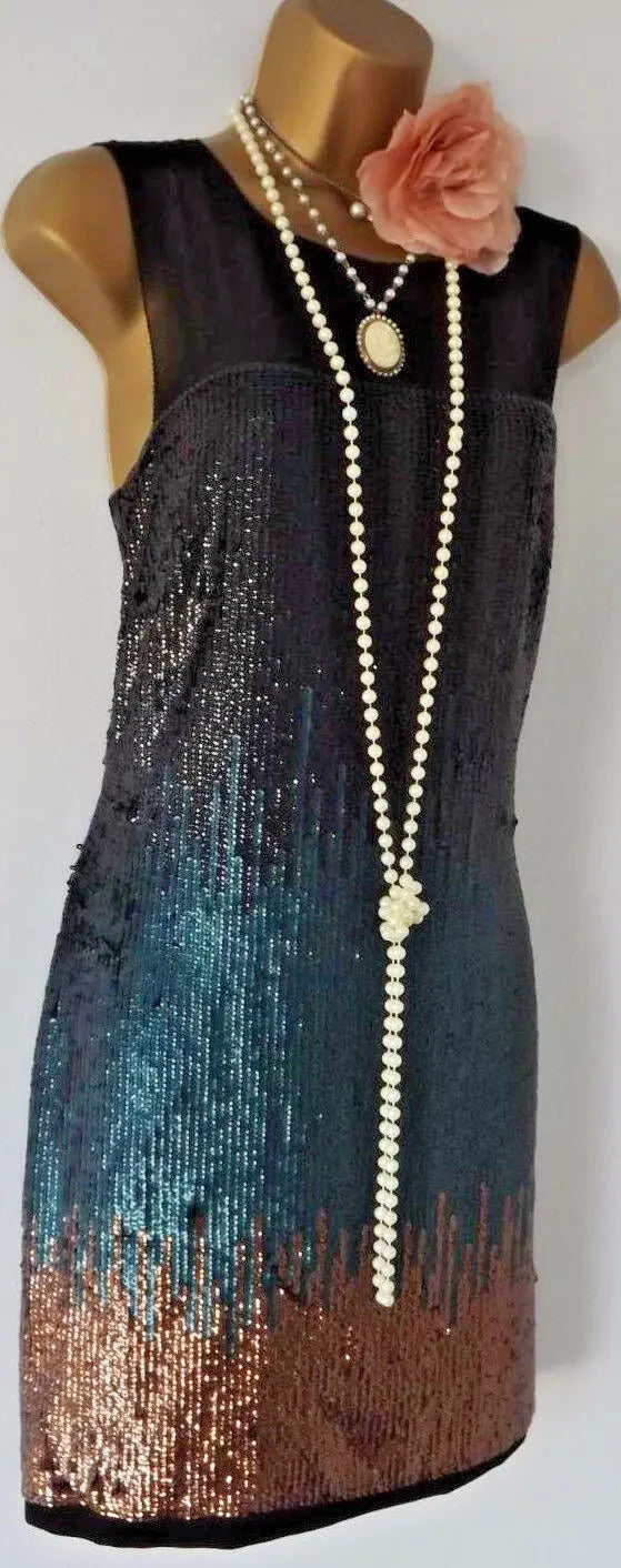 Vintage 1920's Style Gatsby Flapper Charleston Downton Deco sequin dress 10 Warehouse spotlight