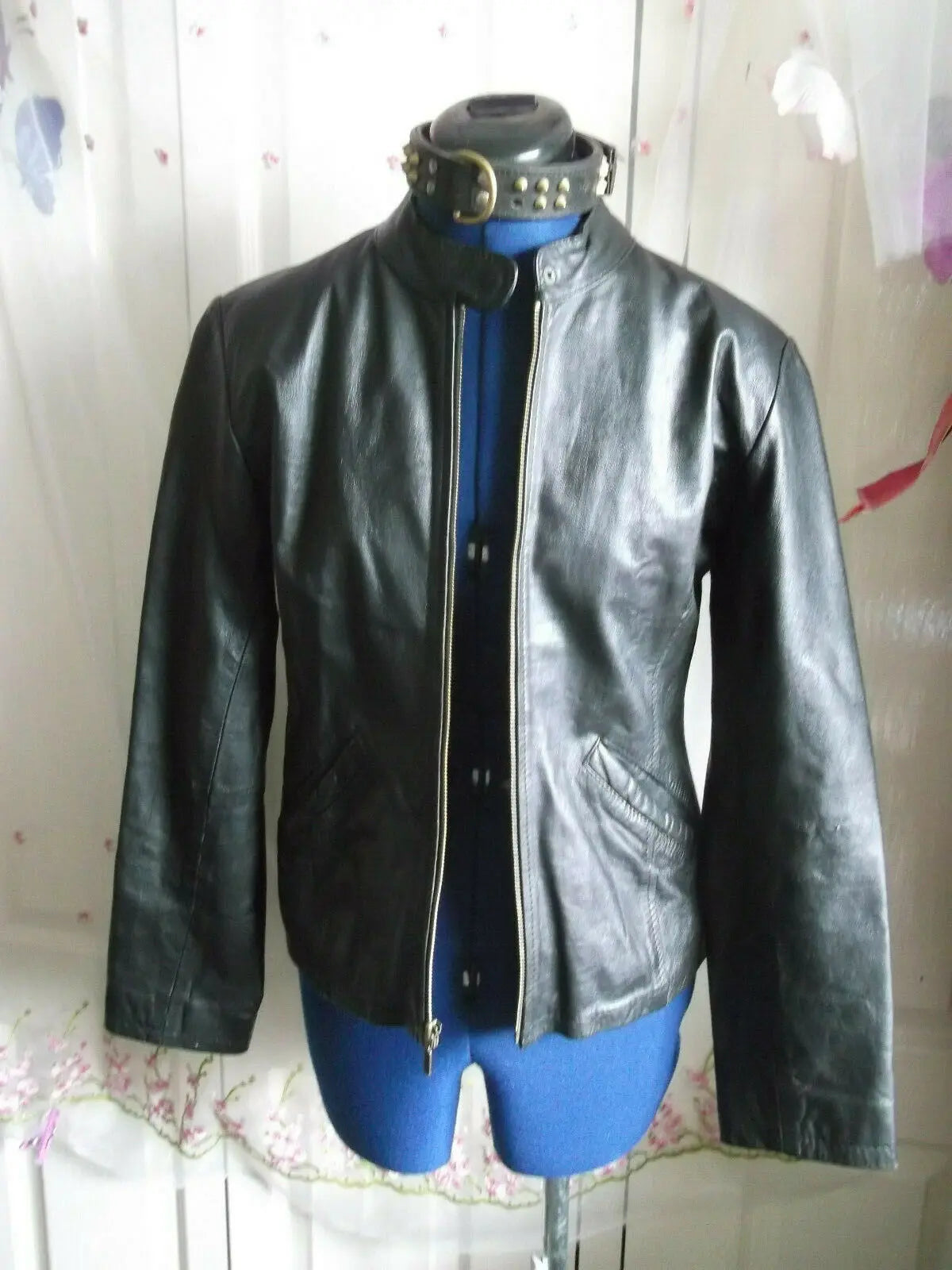 Vintage BARNEYS BLACK leather biker/punk/hip jacket.size10.ZIP front,STUD COLLAR BARNEYS