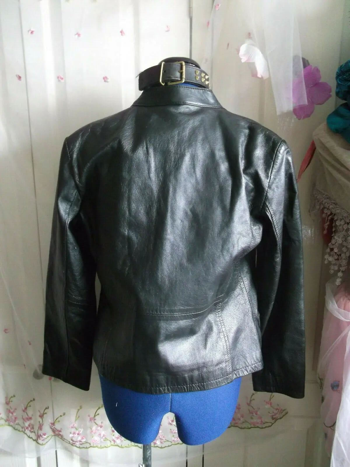 Vintage BARNEYS BLACK leather biker/punk/hip jacket.size10.ZIP front,STUD COLLAR BARNEYS
