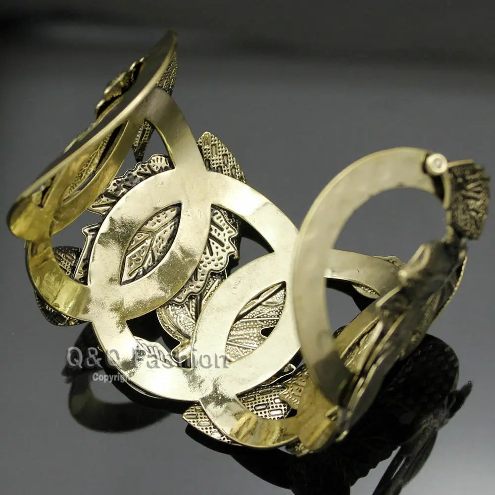 Vintage Gold Repousse Leaf & Stem  Ornate Bold Bracelet Bangle Cuff Handmade