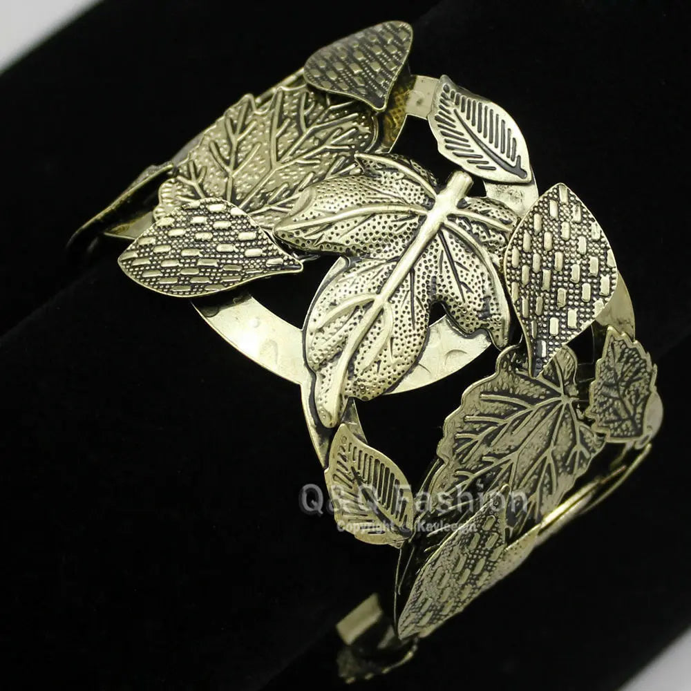 Vintage Gold Repousse Leaf & Stem  Ornate Bold Bracelet Bangle Cuff Handmade