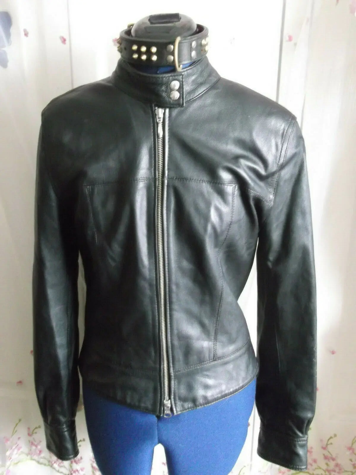 Vintage HAUNT BLACK leather biker/punk/hip jacket.sizeS/10.ZIP front,lined, HAUNT