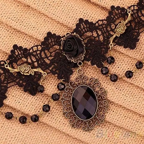 Vintage Lolita Gothic Black Rose Flower Lace Choker Collar Necklace Beads Chain Unbranded