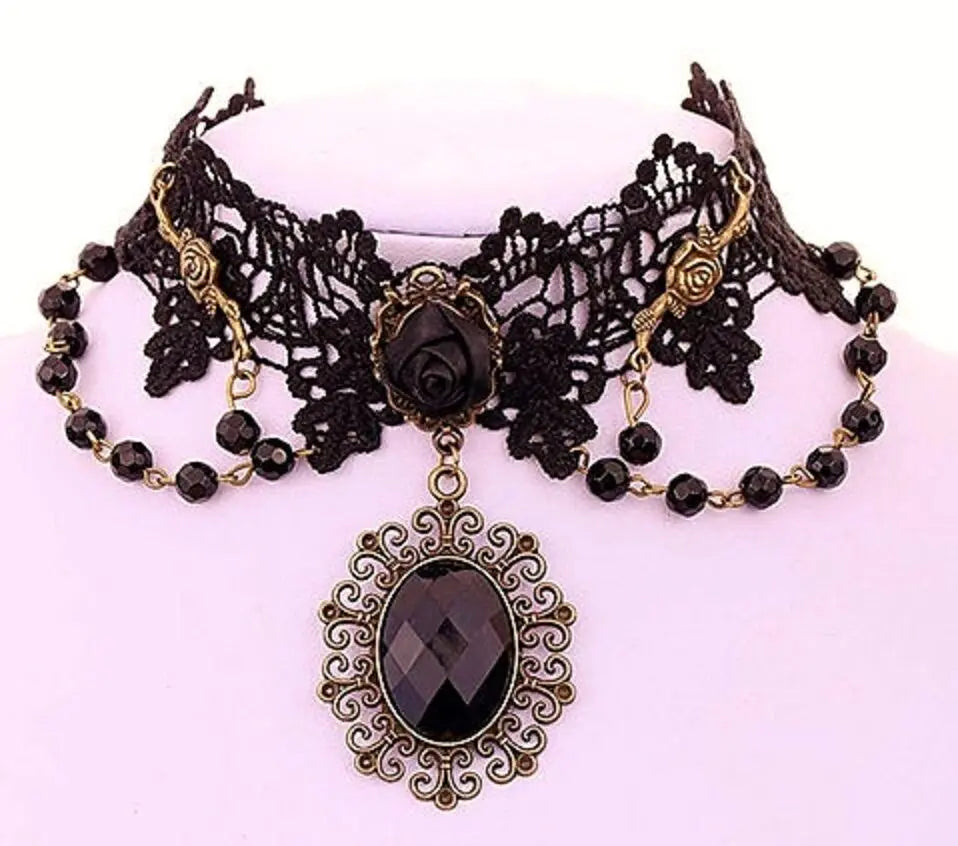 Vintage Lolita Gothic Black Rose Flower Lace Choker Collar Necklace Beads Chain Unbranded
