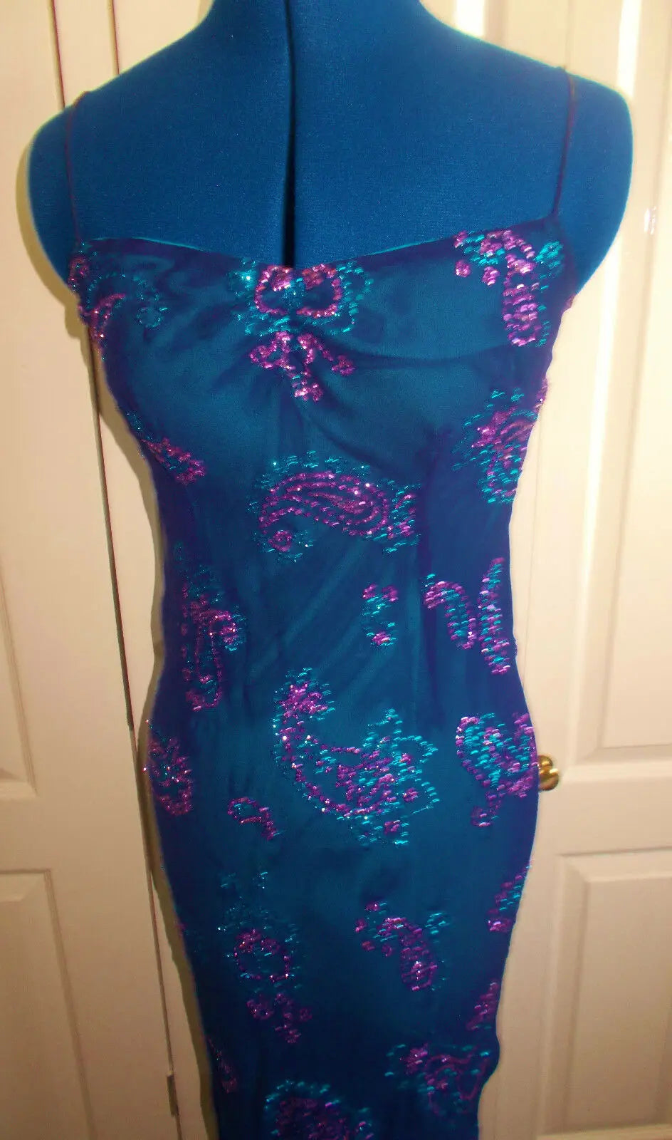 Vintage Monsoon purple dress-inlaid crystals.size 10/12 stretchy,calf length Monsoon