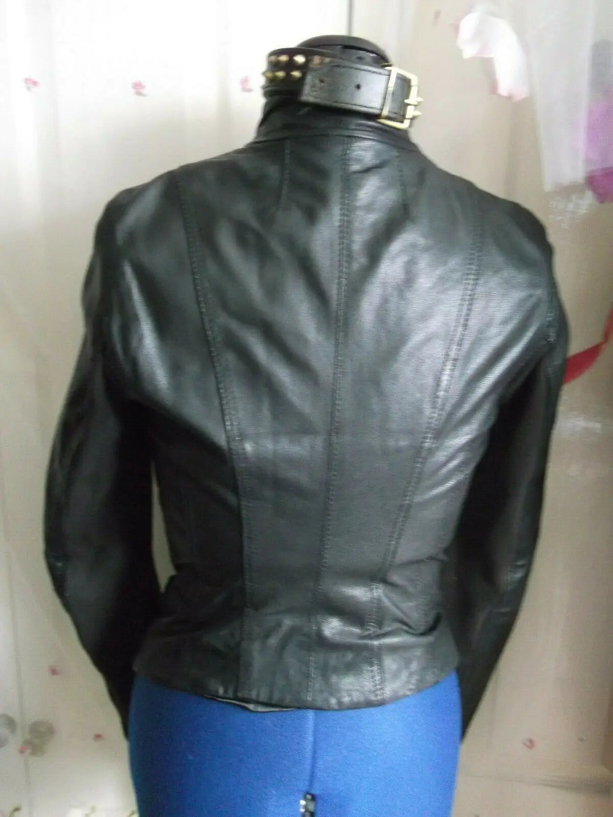 Vintage OASIS BLACK leather biker/punk/hip jacket.sizeXS/8.ZIP front,lined,PANEL Unbranded
