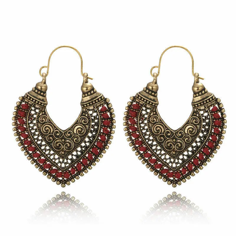 Vintage Women tribal/gypsyHollow redGypsy Heart Dangle Earrings Ethnic Jewellery Unbranded