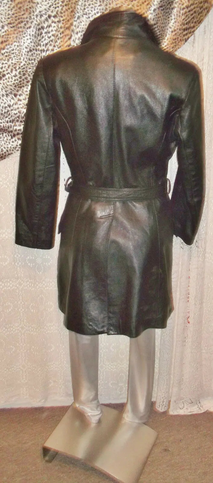 Vintage soft black leather 3/4 coat.size small, tie-up waist,button front Front