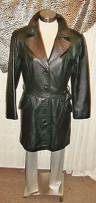 Vintage soft black leather 3/4 coat.size small, tie-up waist,button front Front