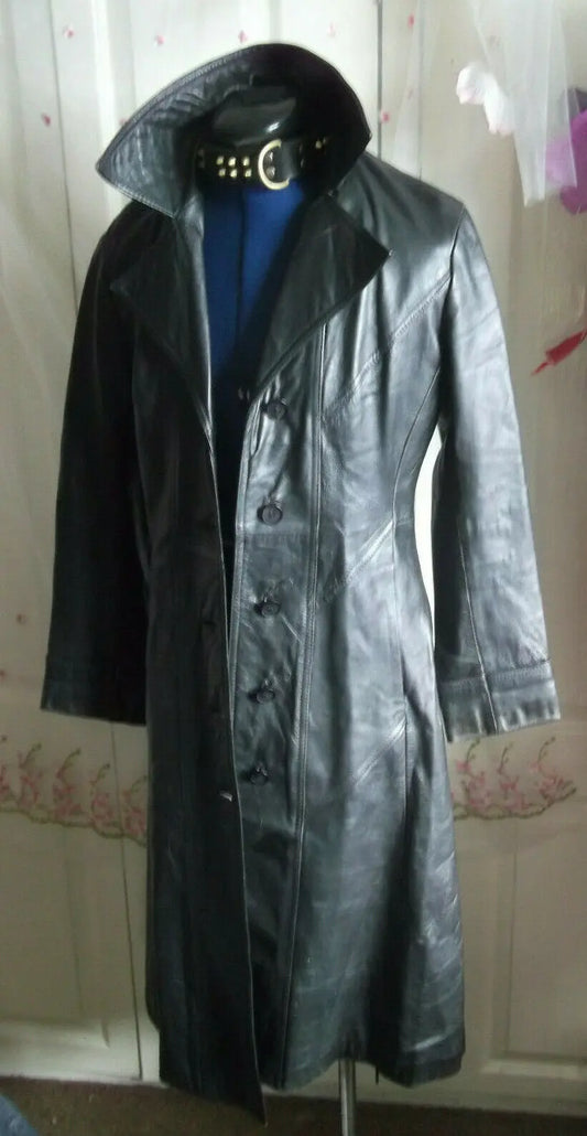 VintageUNISEX BLACK leather biker/STEAMpunk/hip COAT.size10"/36" double breasted Suede & Lethercraft ltd. Made in England