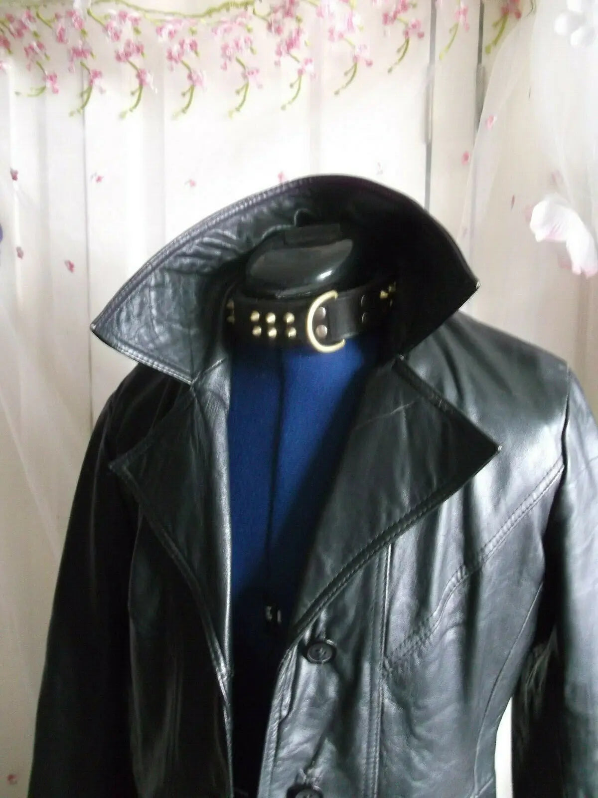 VintageUNISEX BLACK leather biker/STEAMpunk/hip COAT.size10"/36" double breasted Suede & Lethercraft ltd. Made in England
