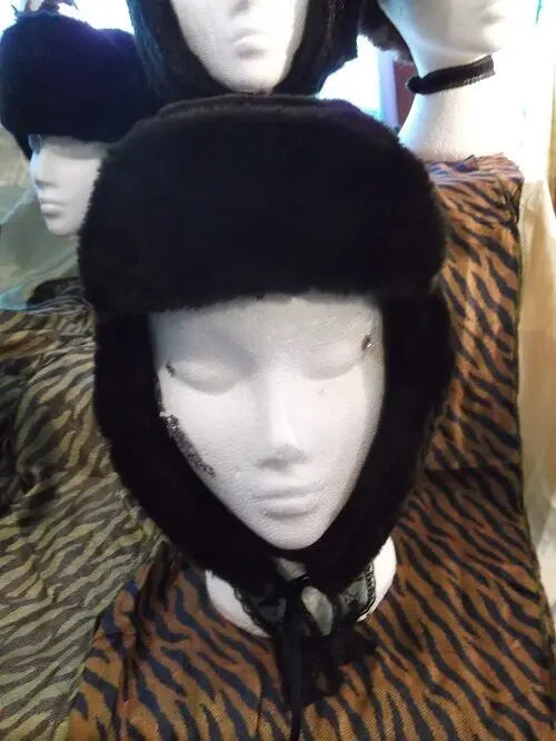 WINTER Unisex true Vintage black Ushanka/Cossack/Trapper hats- faux fur. 58" Unbranded