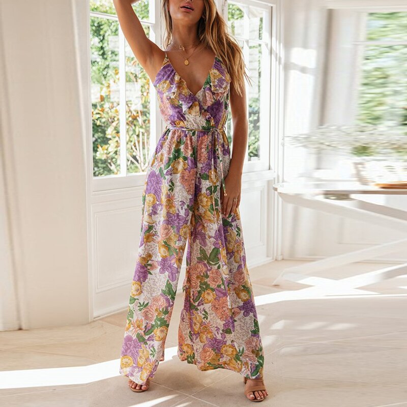 Summer Sleeveless Flower Print Jumpsuit FashionExpress