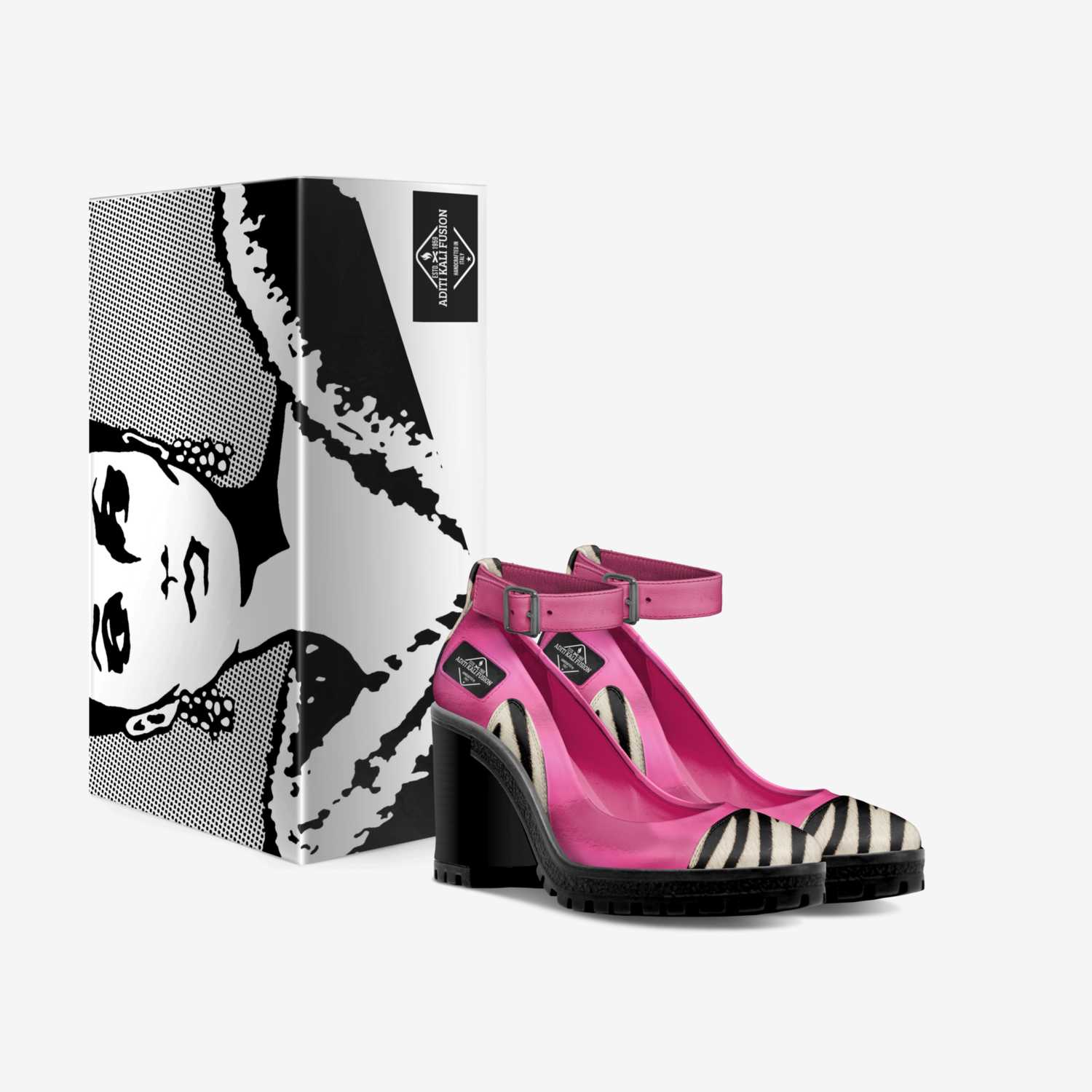 ADITI-KALI FUSION ankle strap heel-pink & black-CUSTOM CRAFTED Wonkey Donkey Bazaar
