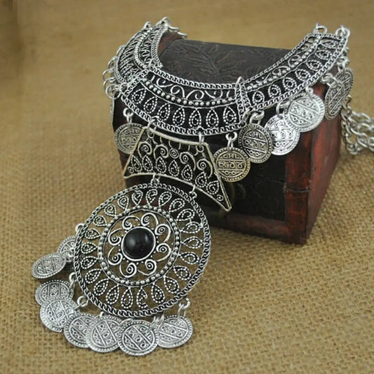 festi/ Boho Festival Turkish Double Chain Coin Statement Necklace Tassel Pendant Unbranded/Generic