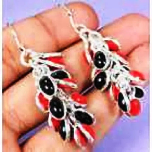 funky Red Coral/black & 925 Silver Handmade Unusual drop Earrings 57mm G76-32551 "Handmade"