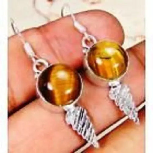 funky Tiger Eye & 925 Silver Handmade Designer drop Earrings 45mm G83-34563 "Handmade"