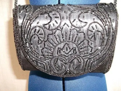 gorgeous VIntage Glam black satin shoulder/clutch bag-beadwork.fab gift item Unbranded