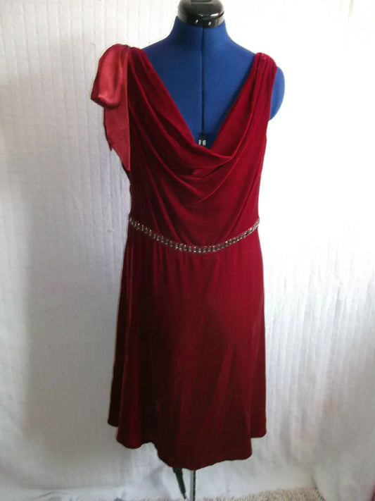 gorgeous deep red velvet occasion dress.size14,cowl neck,satin necktie Teatro