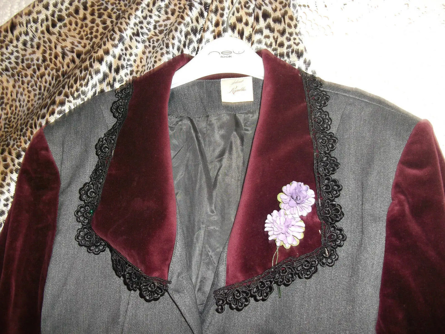 grey jacket purple velvet sleeves& collars& lace trimSize 14.Island Republic Republic