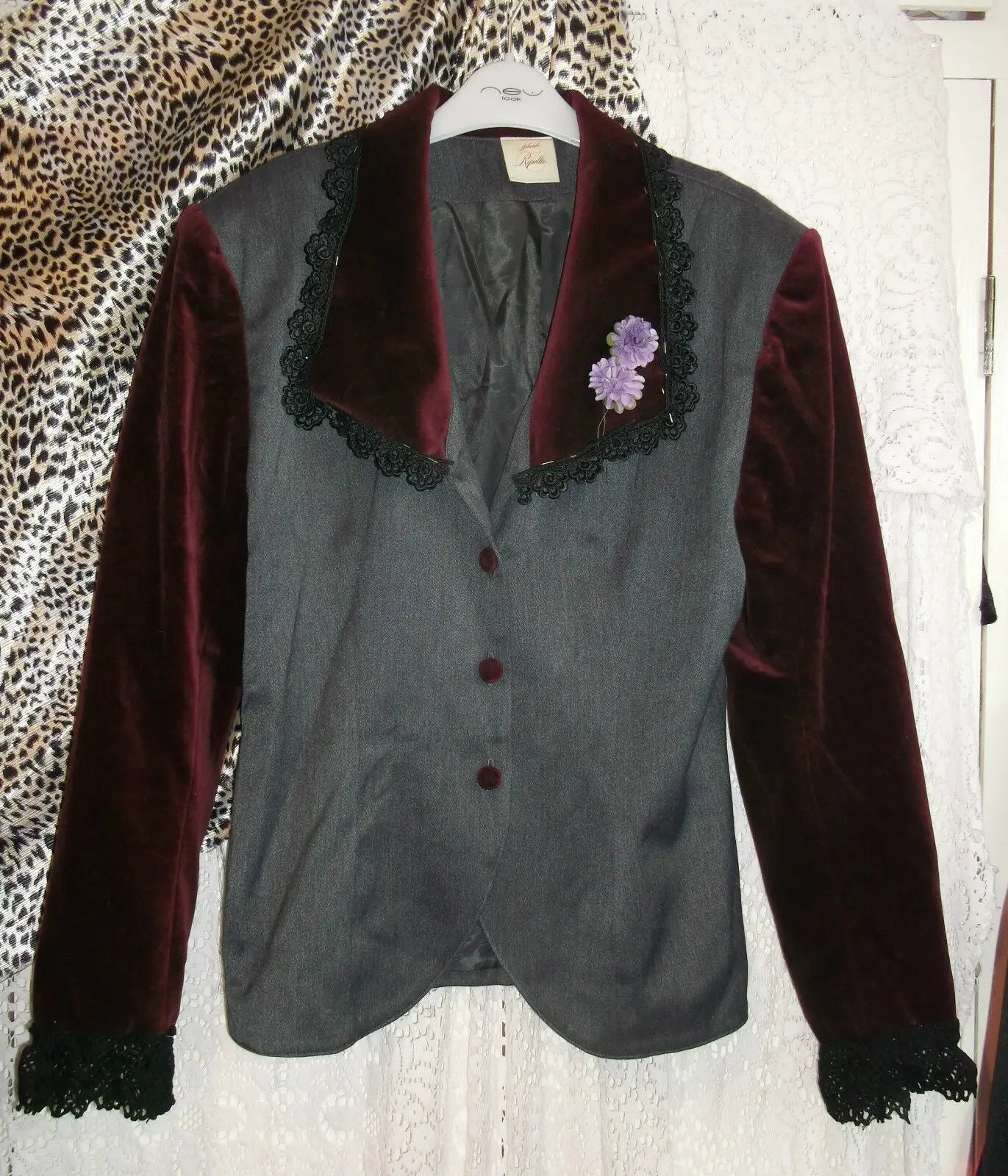 grey jacket purple velvet sleeves& collars& lace trimSize 14.Island Republic Republic