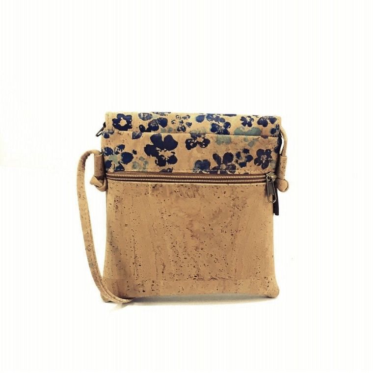 Cork Crossbody Bag with Blue Floral Pattern, Vegan Leather Cross Body Bag Women, Womens Crossbody Purse made from Cork Moddanio