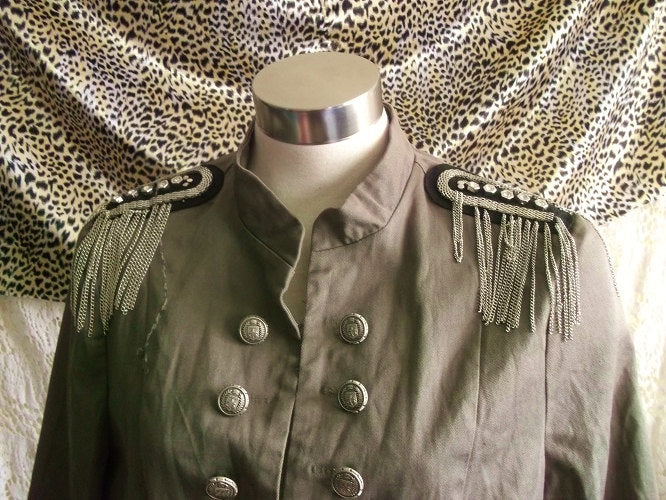 punk/steampunk khaki military style jacket.size 16 with diamante embellishments. Wonkey Donkey Bazaar
