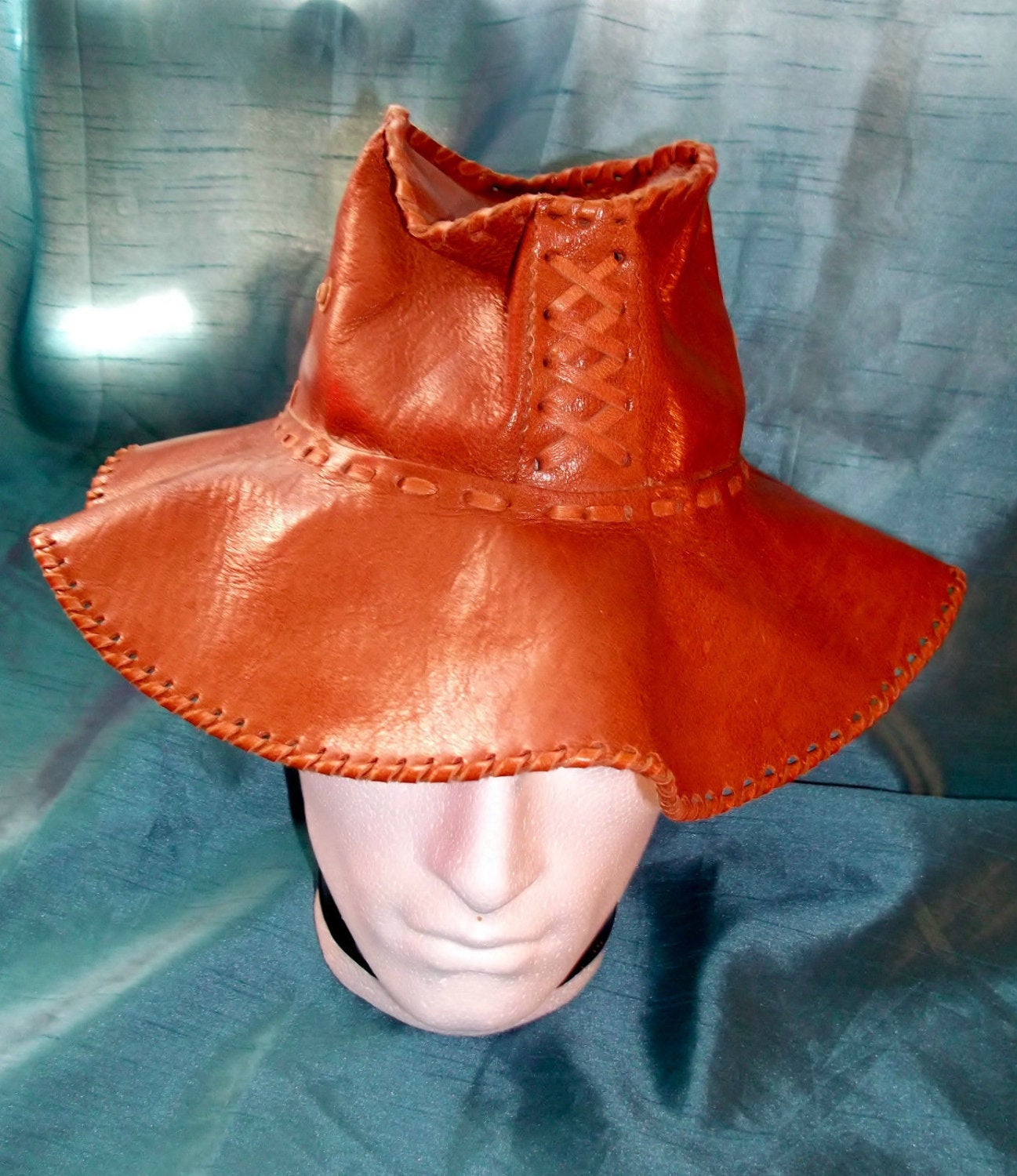 VINTAGE UNISEX Grade A Leather  rust brown long brim bush/safari hat.19" Wonkey Donkey Bazaar